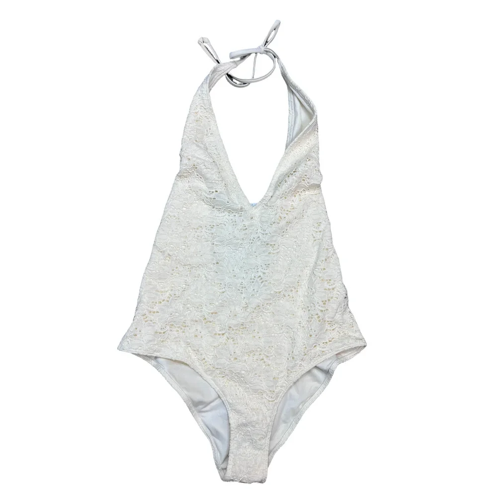 H&M Cream Lace Halter One Piece Swimsuit Size 12